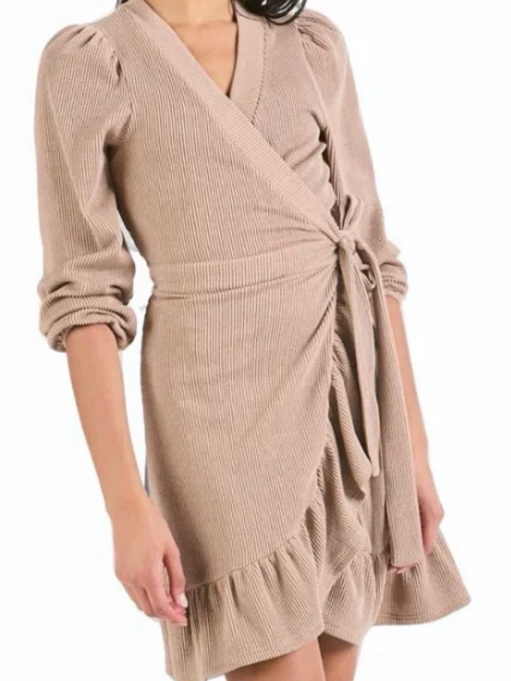 New Simply Southern light brown Ribbed Wrap Dress with Tie Waist sz Medium